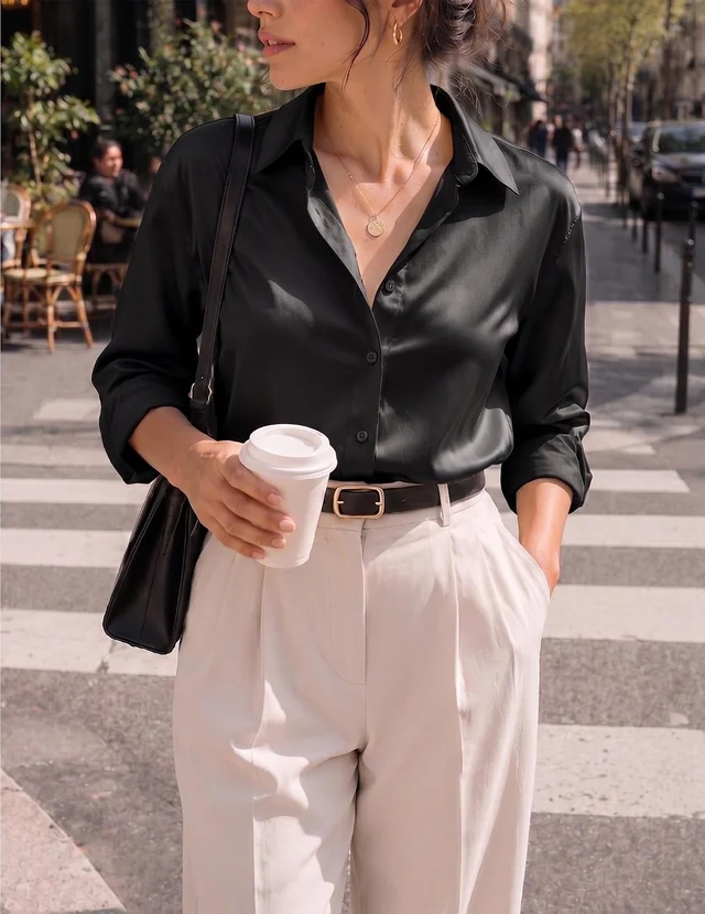 Long-sleeve satin button-down shirt — view 3