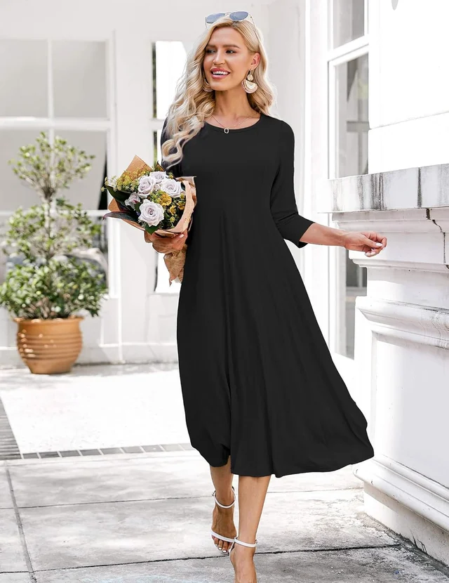 Black three-quarter-sleeve midi dress — view 1