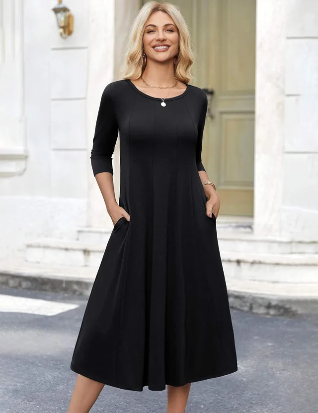 Black three-quarter-sleeve midi dress — view 2