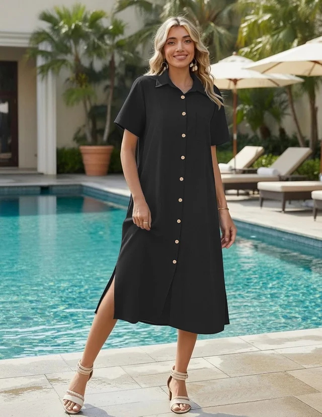 Black button-down shirt dress — view 2